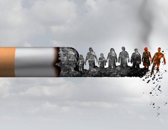 Smoking and society smoker death and smoke health danger concept as a cigarette burning with people falling as victims in hot burning ash as a metaphor causing lung cancer risks with 3D illustration elements.